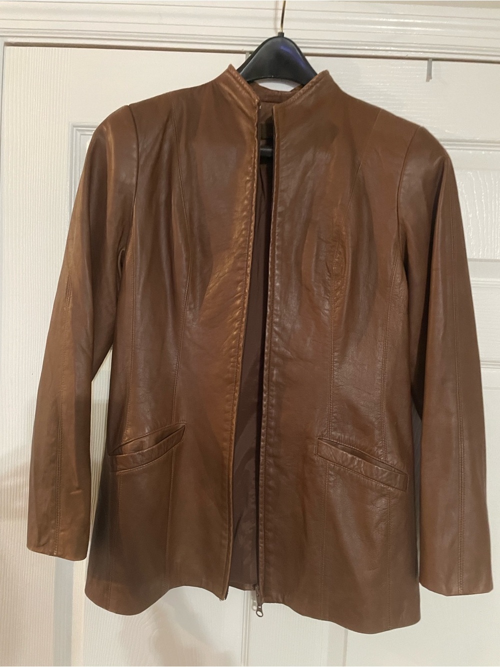 Danier Brown Women's Genuine Leather Jacket with Stand Collar
